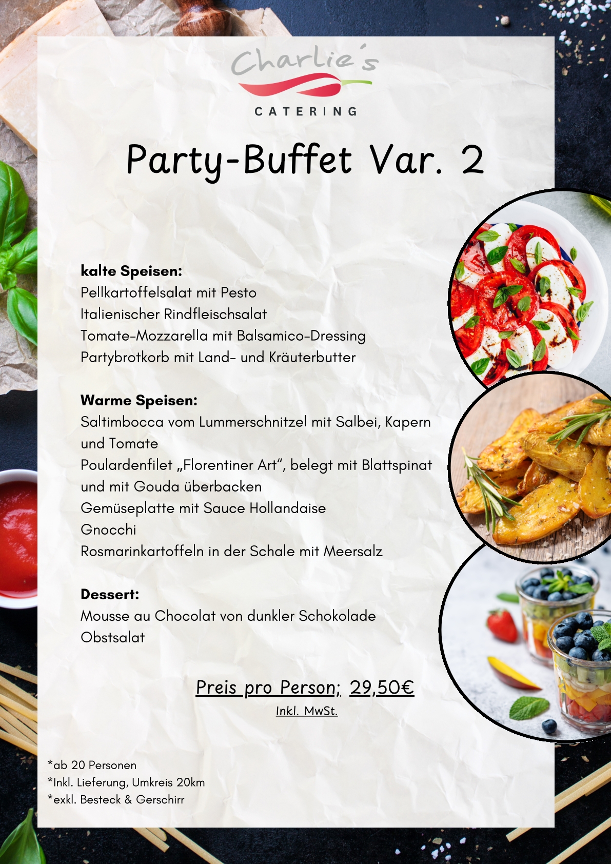 Speisekarte für ein Party-Buffet von Charlie's Catering mit Foto von Garnelen und Gemüse.
