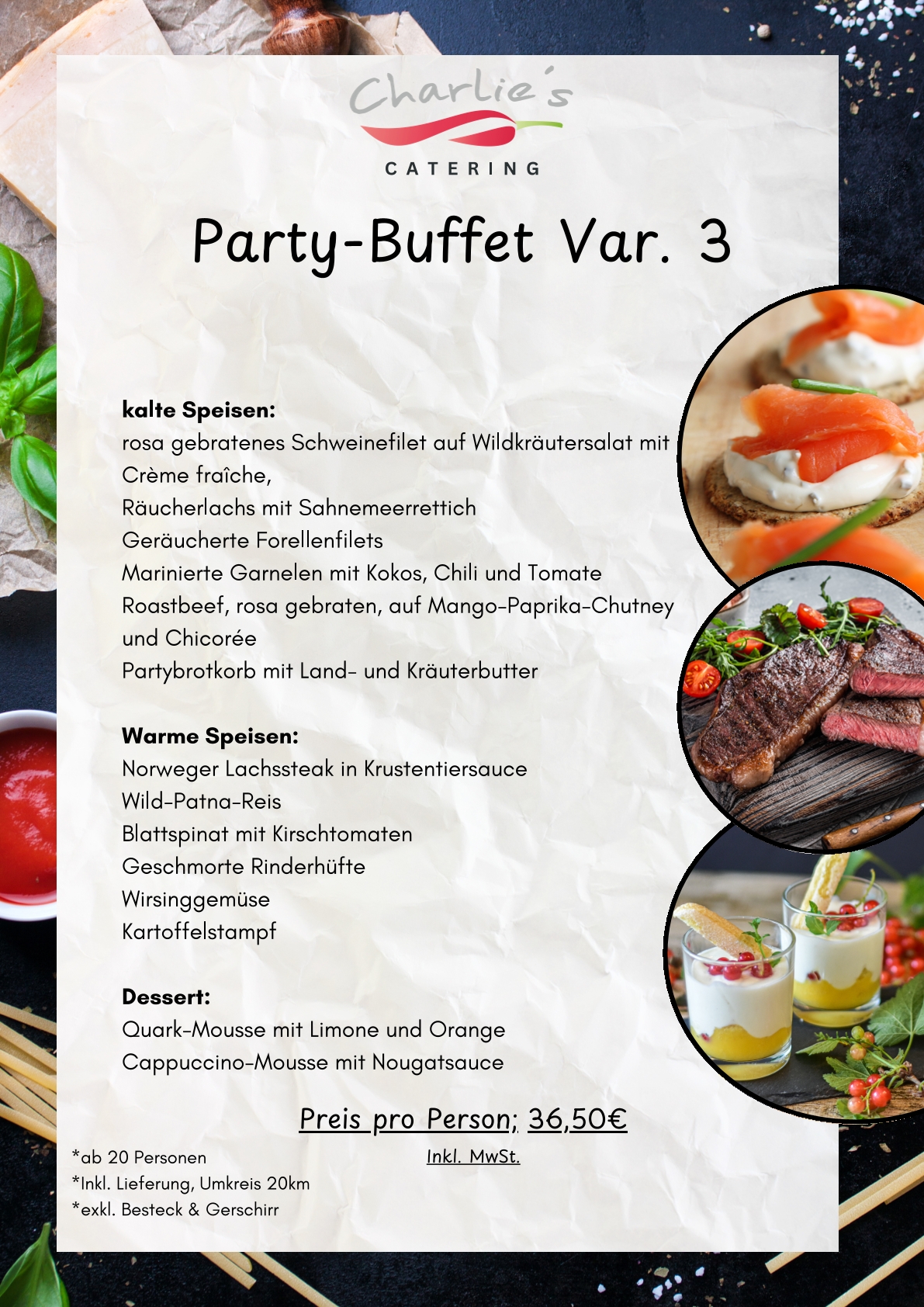 Menü für Party-Buffet mit kalten und warmen Speisen und deren Beschreibung, ab 36,50 €.