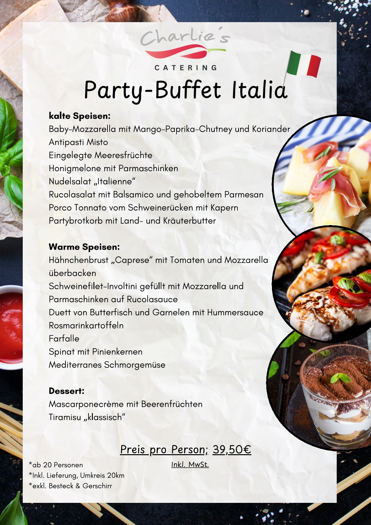 Speisekarte für ein italienisches Party-Buffet mit Preisen und italienischer Landesflagge.