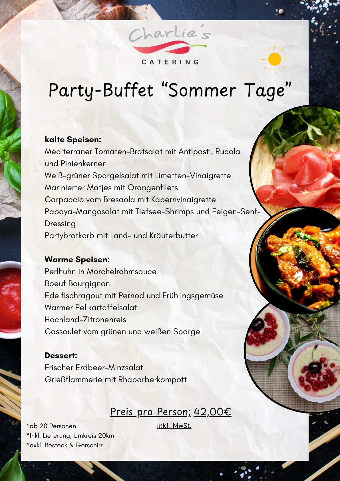 Menükarte mit Party-Buffet "Sommer Tage" von Charlie's Catering, dekoriert mit Speisenfotos.