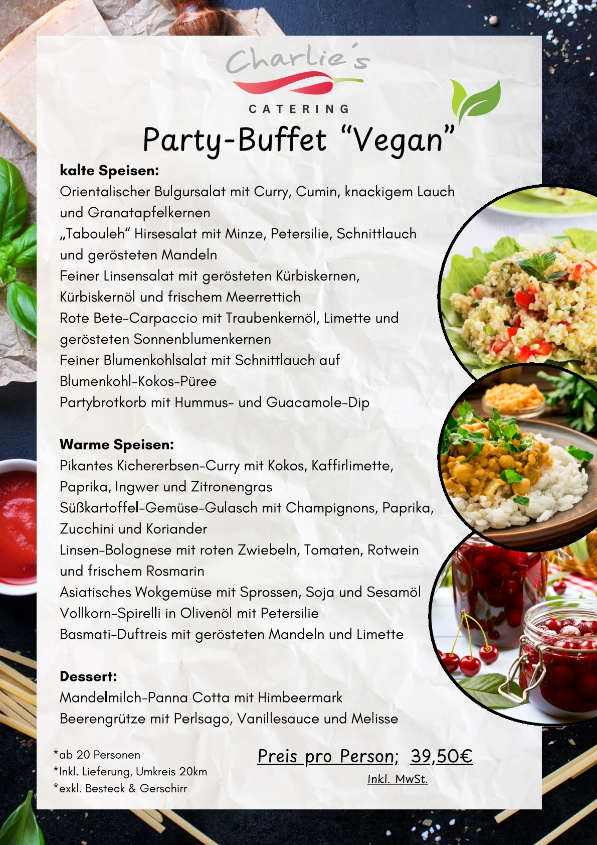 Charlie's Buffetkarte für veganes Party-Buffet mit detaillierter Menüübersicht und Preisangabe.
