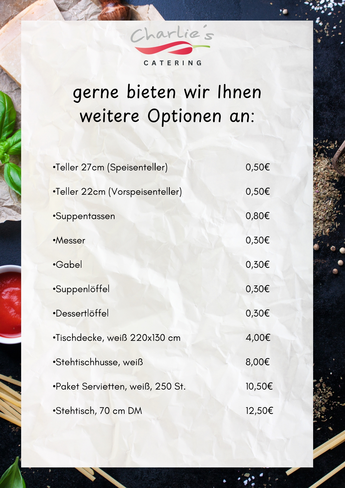 Speisekartenblatt von Charlie's Catering mit Preisen und Optionen auf zerknittertem Papierhintergrund.