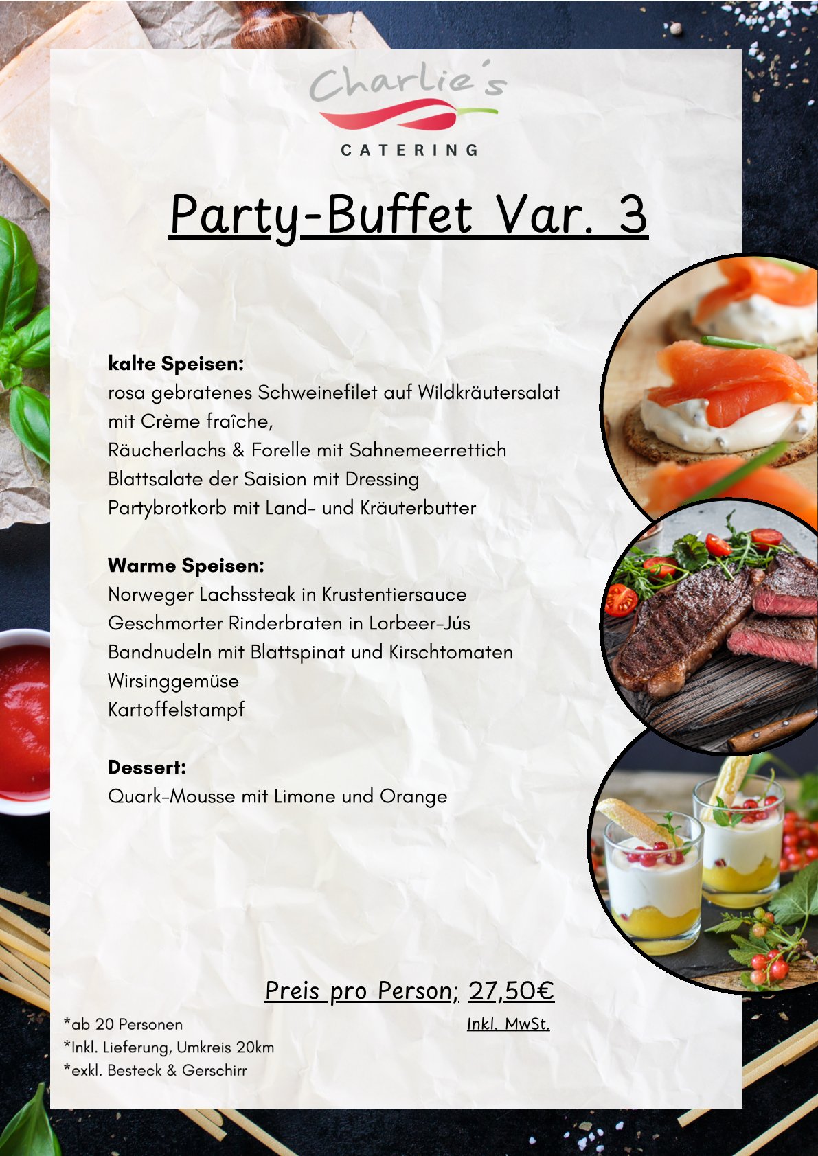 Ein üppiges Partybuffet mit verschiedenen Speisen wie Lachs, Fleisch und frischem Gemüse in leuchtenden Farben, appetitlich angerichtet
