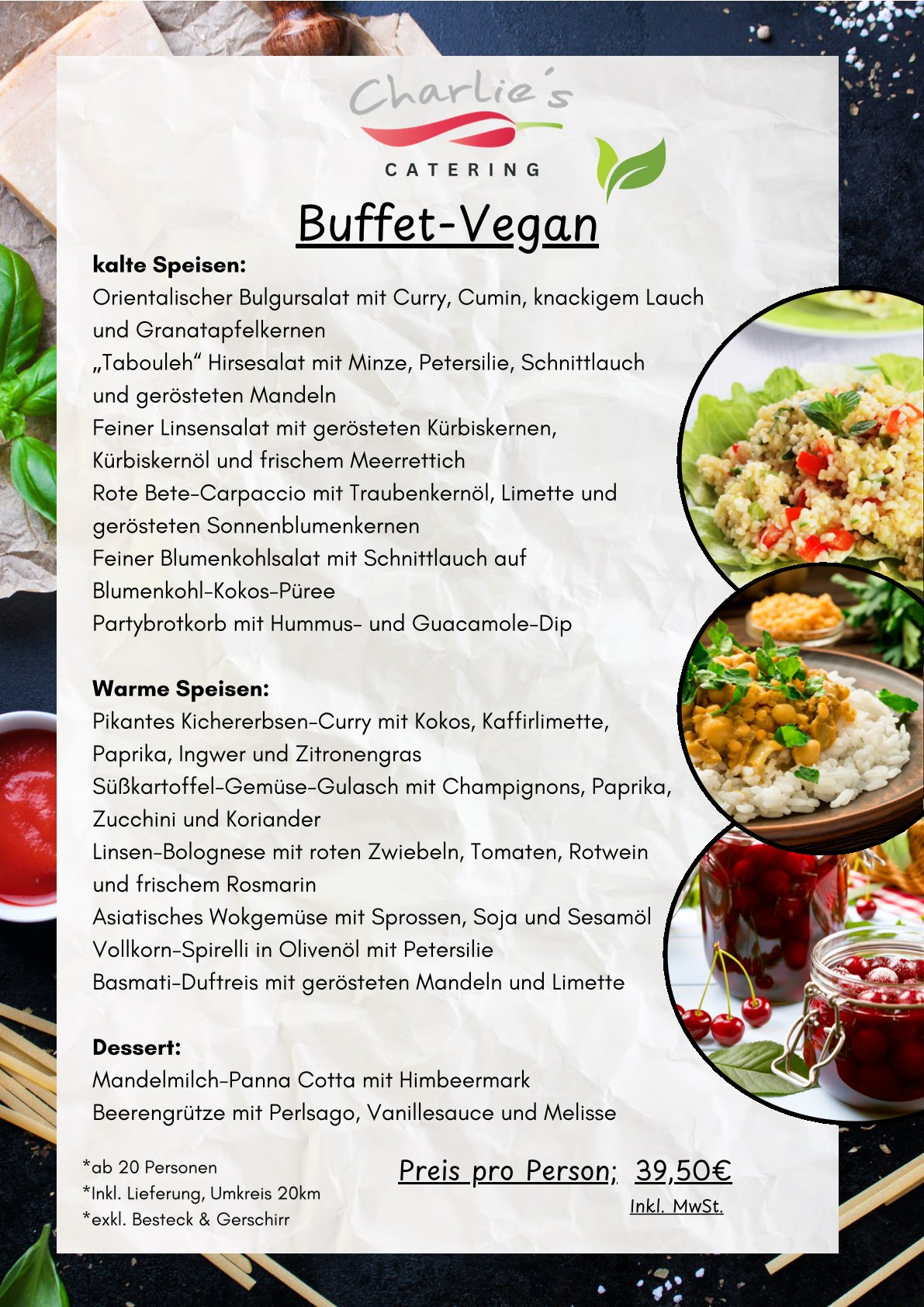 Buffet-Tisch mit veganen Speisen, bunt angerichtet auf weißen Platten, liebevoll dekoriert