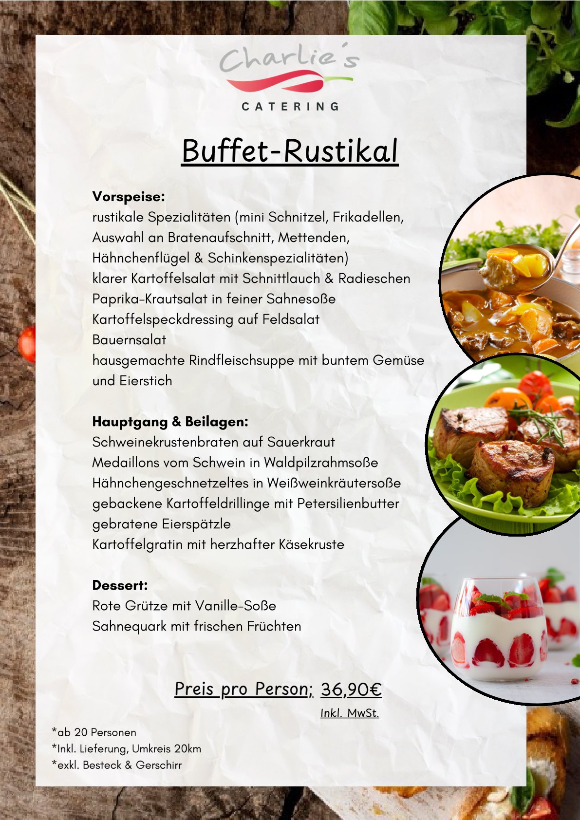 Eine rustikale Buffetkarte mit Bildern von deftigen Fleischgerichten und frischem Gemüse in warmen Farben, appetitlich angerichtet und dekoriert