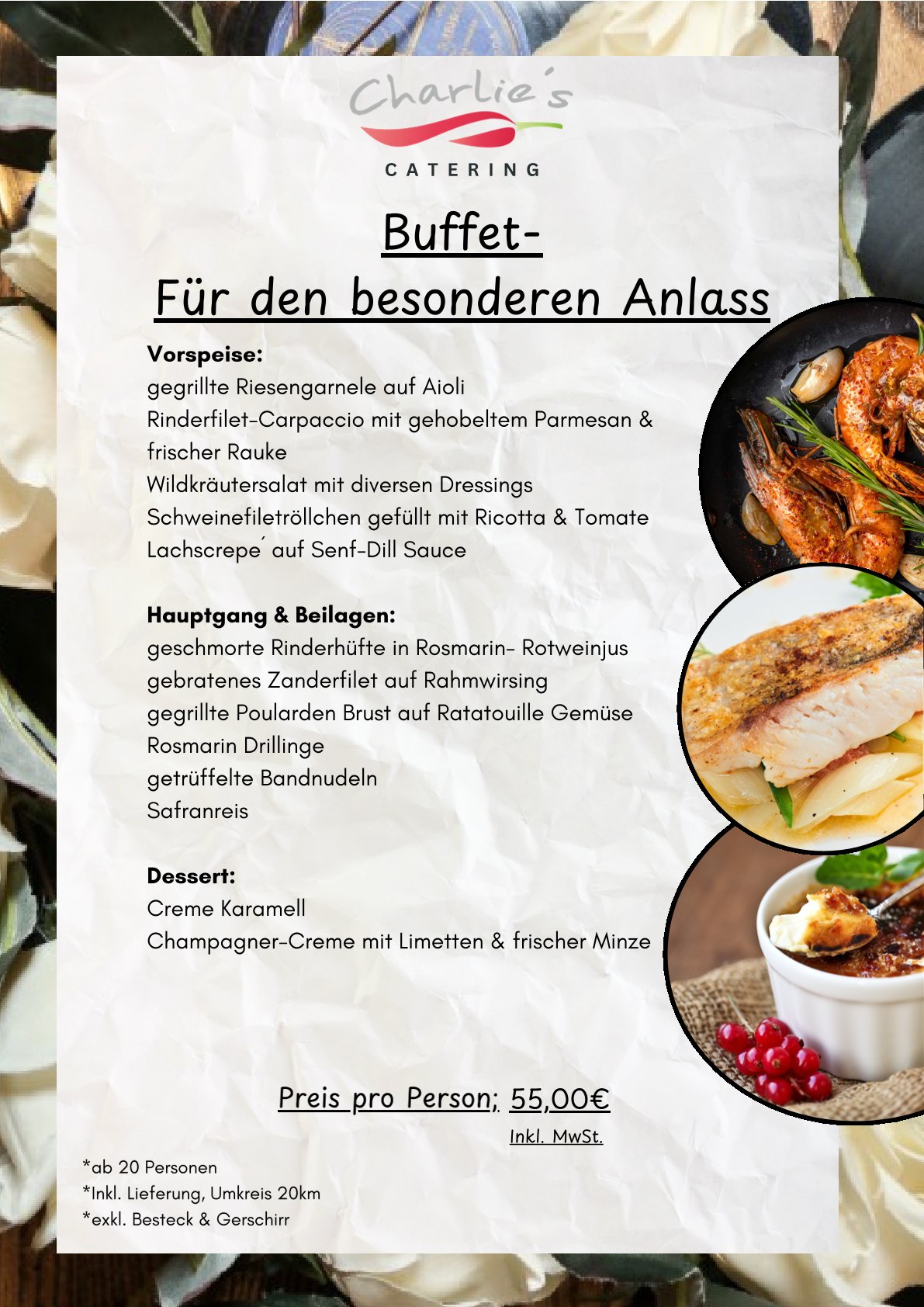 Speisekarte für ein Buffet von Charlies Catering mit Auswahl an Vorspeisen, Hauptgerichten und Desserts auf hellem Hintergrund