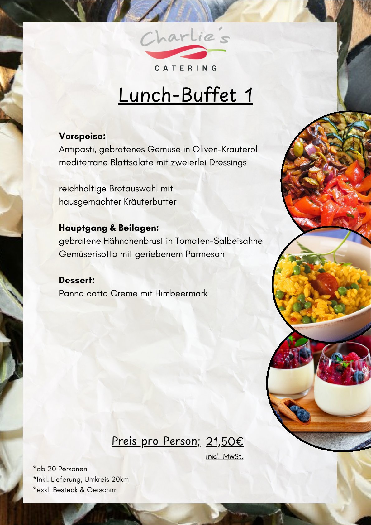 Einladendes Buffet mit frischem Gemüse, buntem Salat und cremigem Dessert auf weißem Teller