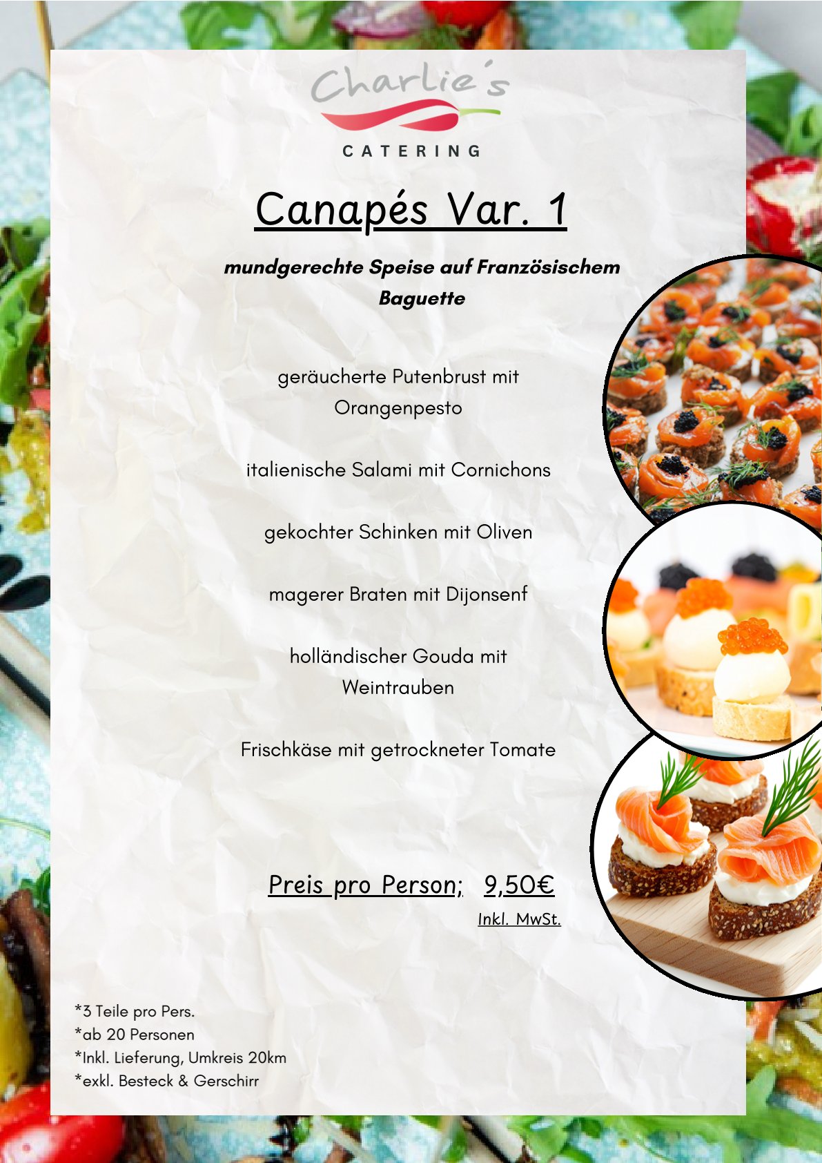 Verschiedene Canapés auf weißem Teller mit bunten Belägen und frischen Kräutern