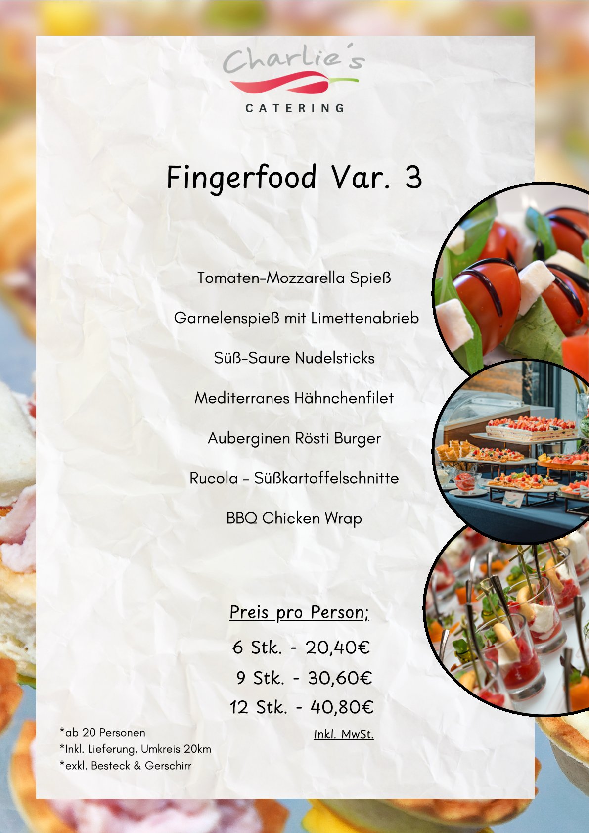 Ein Teller mit buntem Fingerfood wie Gemüse, Wraps und Spießen ansprechend angerichtet
