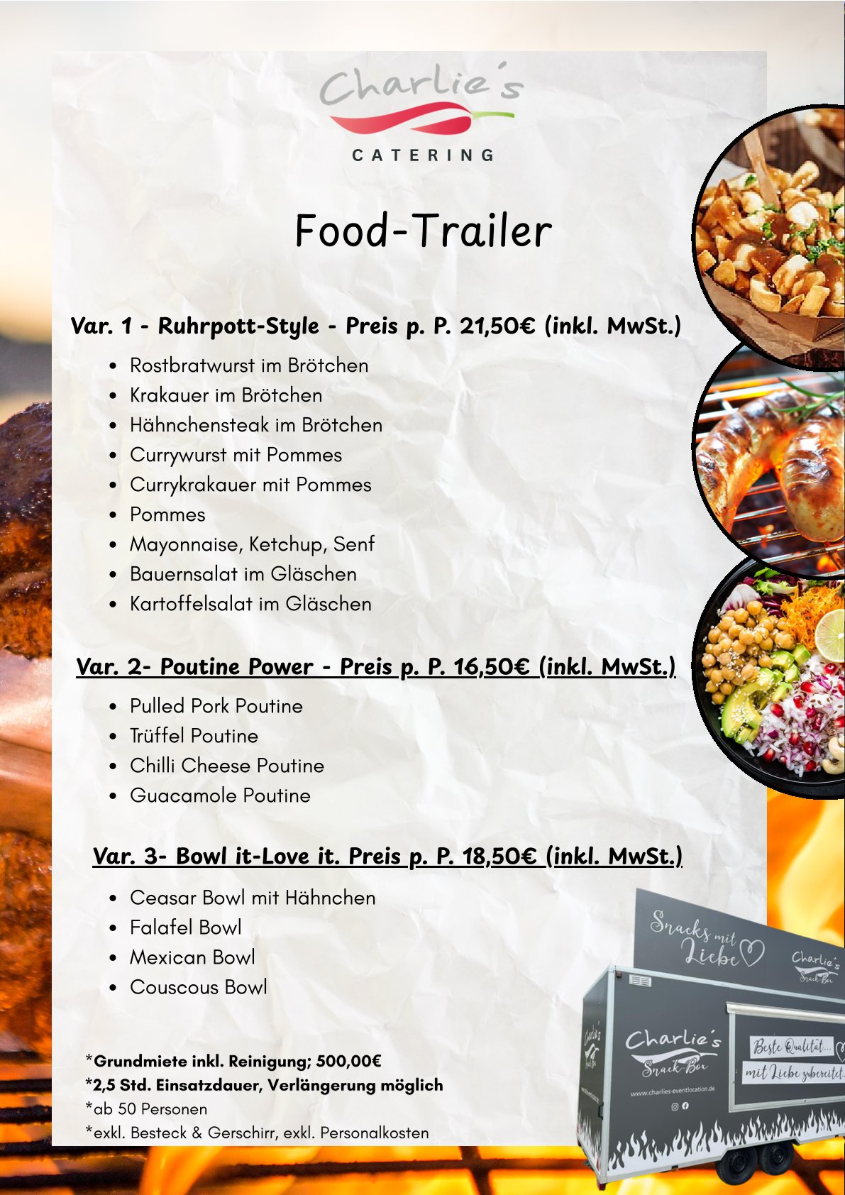 Speisekarte mit verschiedenen Gerichten wie Ruhrpott-Style, Poutine und Bowls auf hellem Hintergrund mit appetitlichen Essensbildern und einer kleinen Tafel im Eck