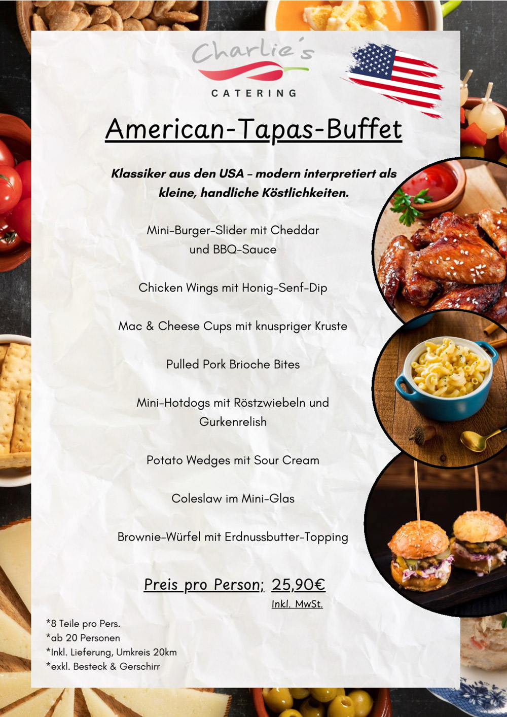 Verschiedene amerikanische Tapas wie Burger, Chicken Wings und Pommes auf Holztisch im hellen Licht