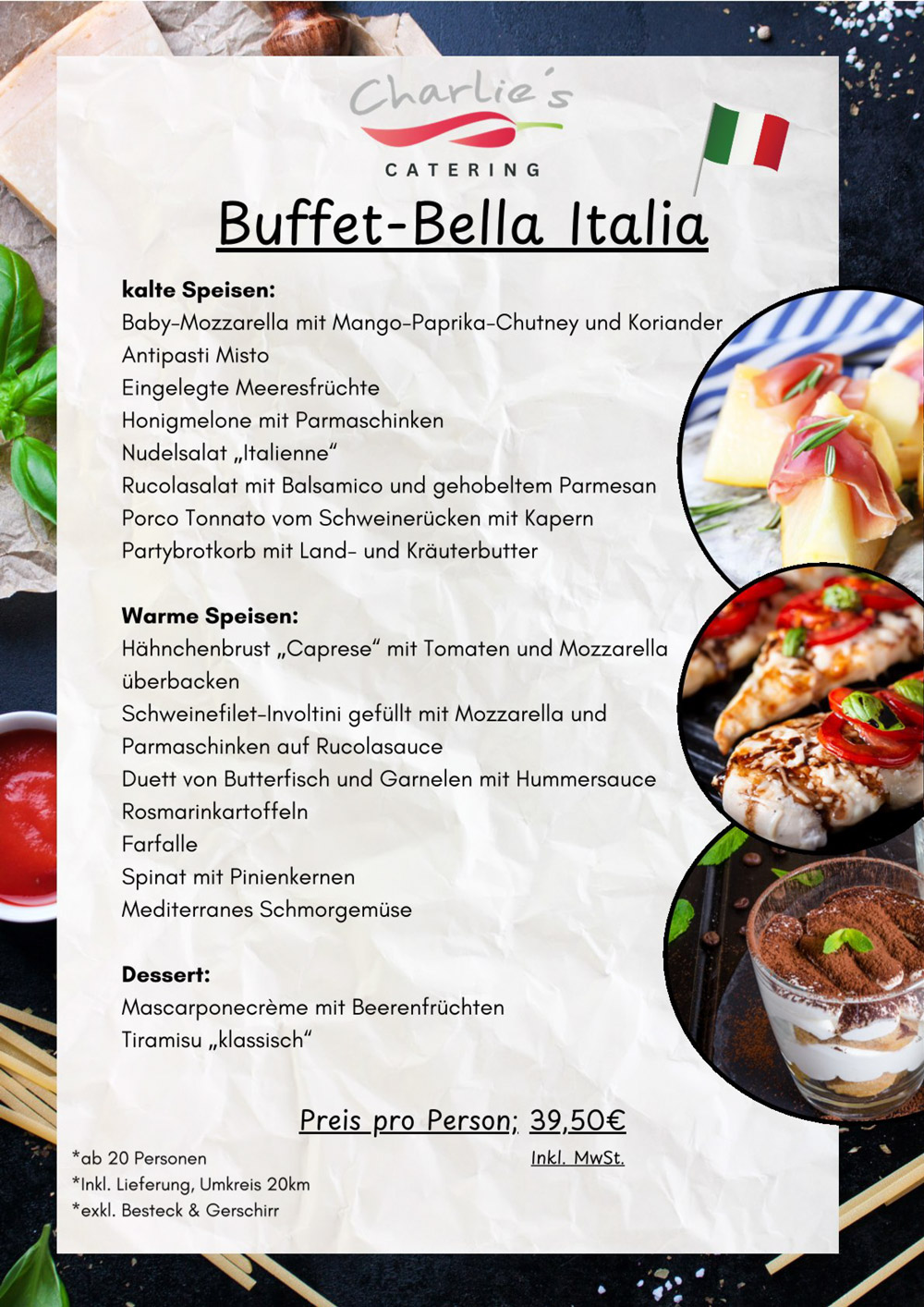 Glänzend angerichtete italienische Speisen auf edlem Buffet mit frischen Farben und Kräutern