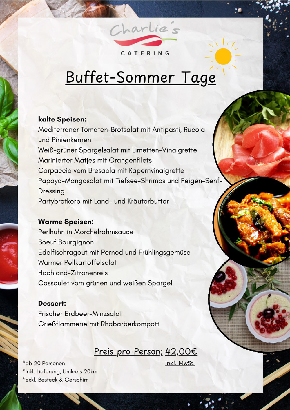 Ein Menüplakat mit sommerlichen Gerichten, frischen Zutaten und bunten Speisen