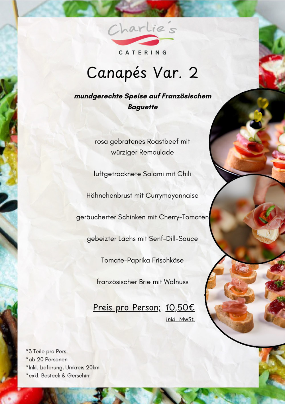 Flyer mit Canapés auf einem weißen Hintergrund, bunte Tomaten und Kräuter garnieren die belegten Baguettes