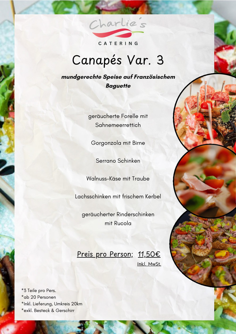 Ein reich gedeckter Tisch mit bunten Canapés, frischen Kräutern und Früchten