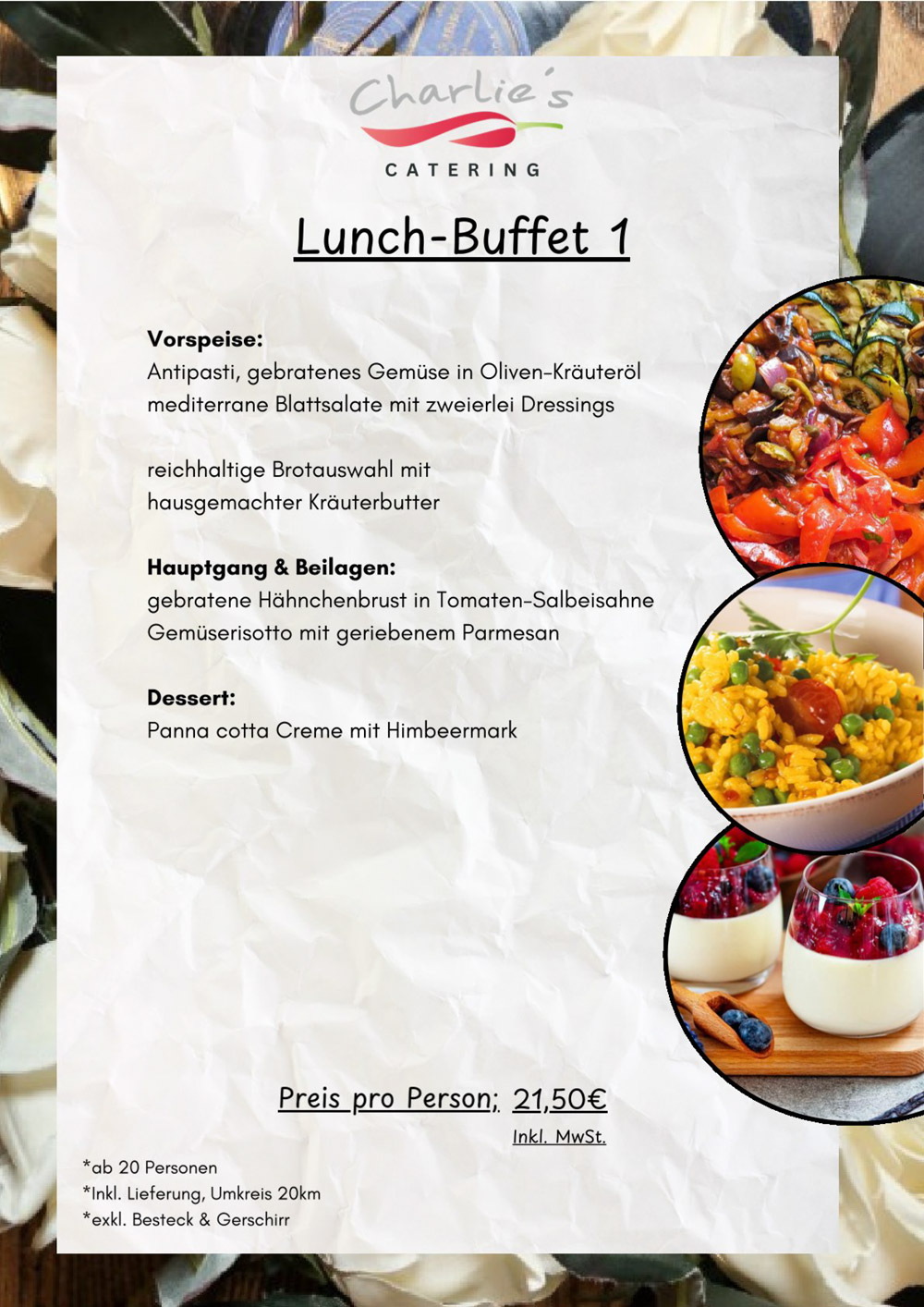 Ein farbenfrohes Lunchbuffet mit italienischen Gerichten und frischem Gemüse auf Tellern