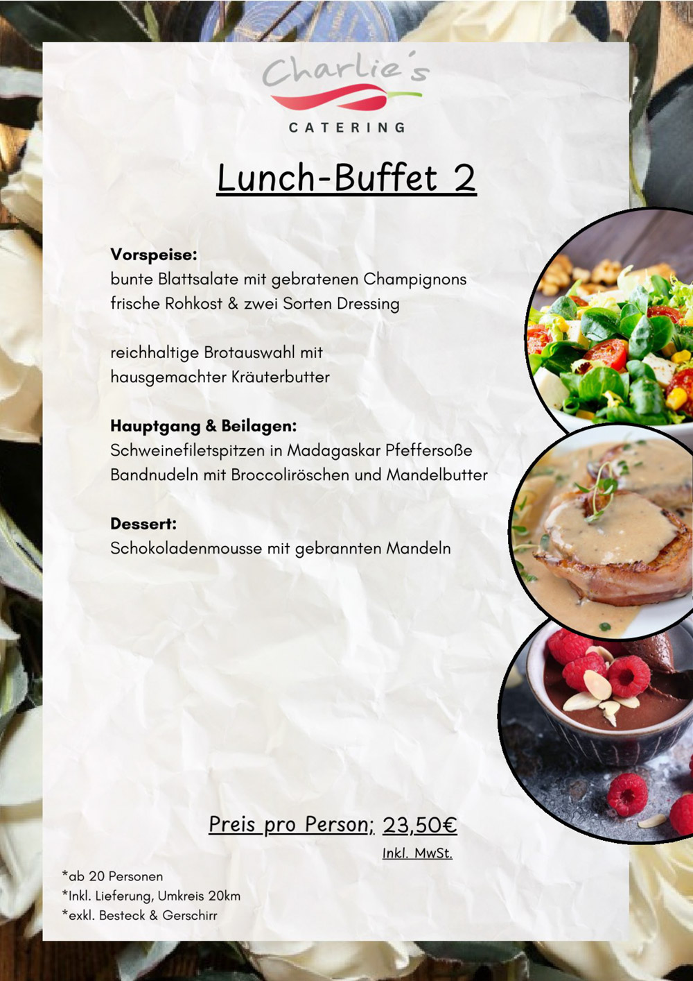 Menükarte mit grünem Blätterhintergrund zeigt ein Lunchbuffet und leckere Speisen
