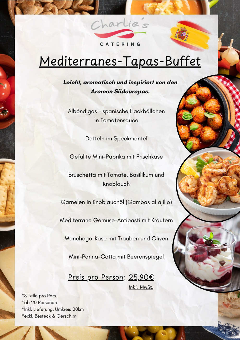 Ein farbenfrohes mediterranes Tapas Buffet mit verschiedenen Speisen auf Tellern und Schüsseln, dekoriert mit frischen Kräutern und Gemüse