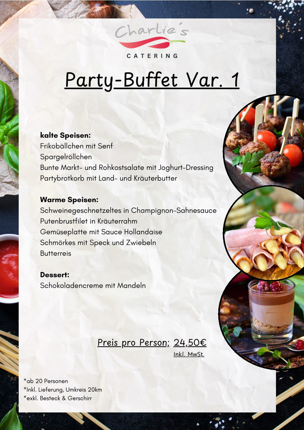 Ein freundlich wirkender Flyer zeigt appetitliche Speisen auf Tellern mit Kräuterdekor in warmen Tönen