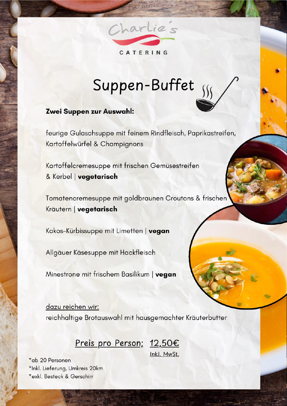 Speisekarte mit bunten Suppenbildern lecker angerichtet, frische Kräuter garnieren